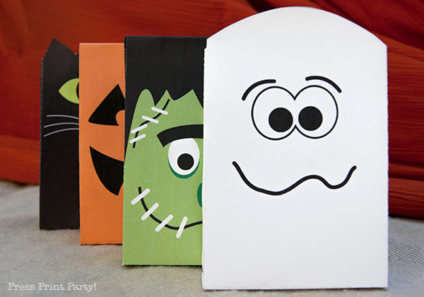 Free Halloween Printable Treat Bags by Press Print Party Frankenstein, ghost cat and pumpkin paper treat party bags