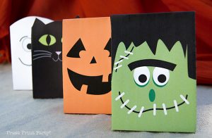 Free Halloween Printable Treat Bags by Press Print Party Frankenstein, ghost cat and pumpkin paper treat party bags