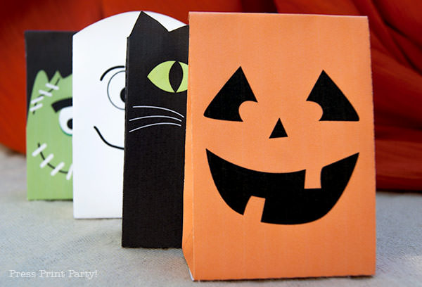 Free Halloween Printable Treat Bags by Press Print Party Frankenstein, ghost cat and pumpkin paper treat party bags