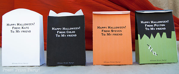 Free Halloween Printable Treat Bags by Press Print Party Frankenstein, ghost cat and pumpkin paper treat party bags