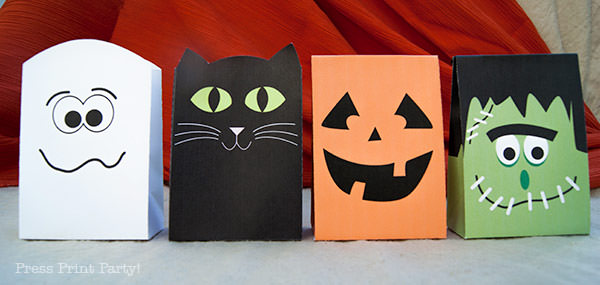 Free Halloween Printable Treat Bags by Press Print Party Frankenstein, ghost cat and pumpkin paper treat party bags