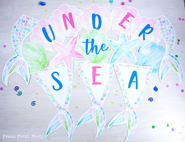 mermaid party banner printable with starfish, mermaid tail and seashells