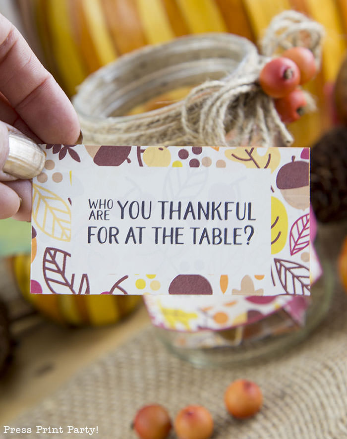 Free Thanksgiving printable conversation cards for Thanksgiving dinner activity. Game for Thanksgiving. free printable Thanksgiving ideas for dinner. What to do at Thanksgiving dinner. With questions to boost conversation. Fall leaves design. Put them in a jar with label. Press Print Party! Who are you thankful for at the table?