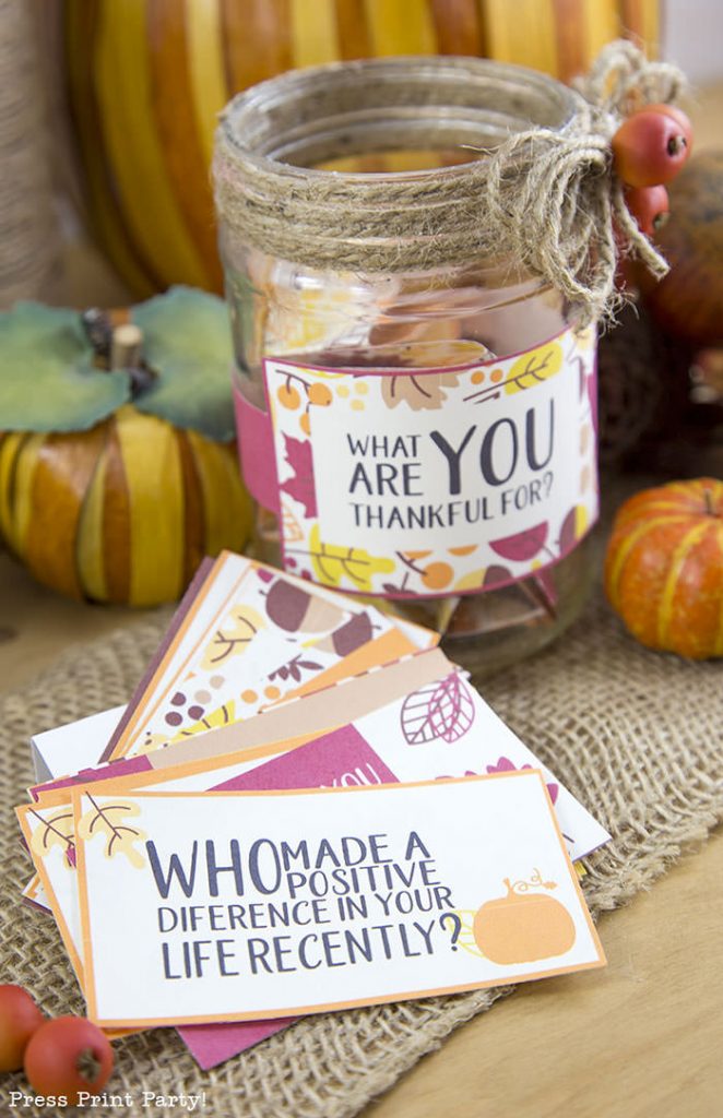 Free Thanksgiving printable conversation cards for Thanksgiving dinner activity. Game for Thanksgiving. free printable Thanksgving ideas for dinner. What to do at Thanksgiving dinner. With questions to boost conversation. Fall leaves design. Put them in a jar with label. Press Print Party!