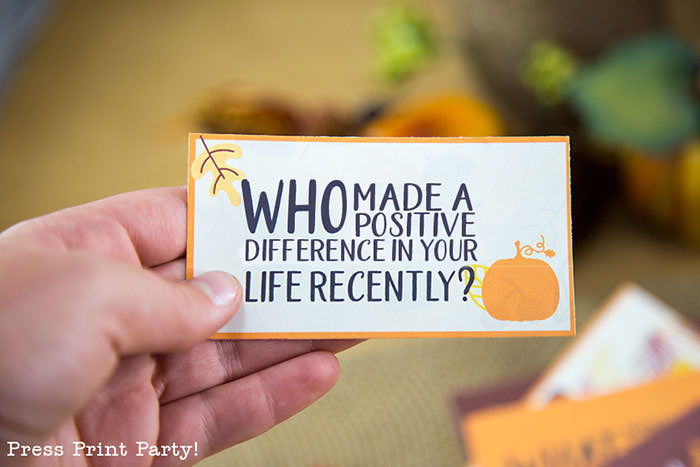 Free Thanksgiving printable conversation cards for Thanksgiving dinner activity. Game for Thanksgiving. free printable Thanksgiving ideas for dinner. What to do at Thanksgiving dinner. With questions to boost conversation. Fall leaves design. Put them in a jar with label. Press Print Party! What are you thankful for? Who made a positive difference in your life recently?