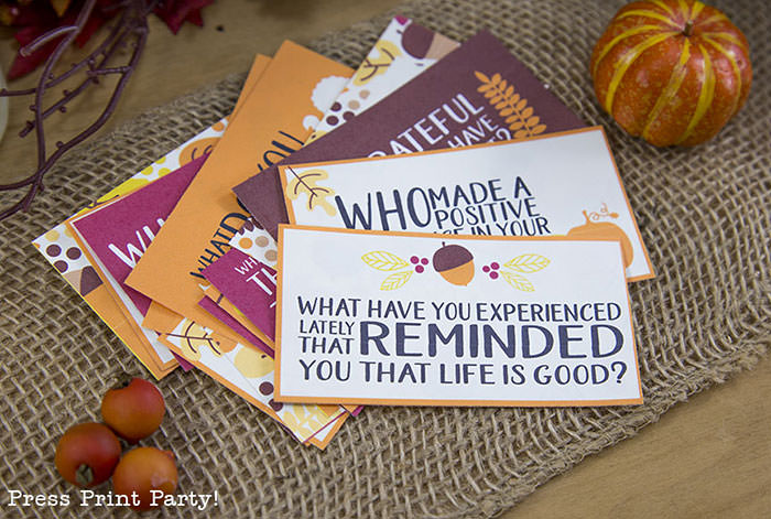Free Thanksgiving printable conversation cards for Thanksgiving dinner activity. Game for Thanksgiving. free printable Thanksgiving ideas for dinner. What to do at Thanksgiving dinner. With questions to boost conversation. Fall leaves design. Put them in a jar with label. Press Print Party! What are you thankful for? What have you experienced lately that reminded you that life is good?