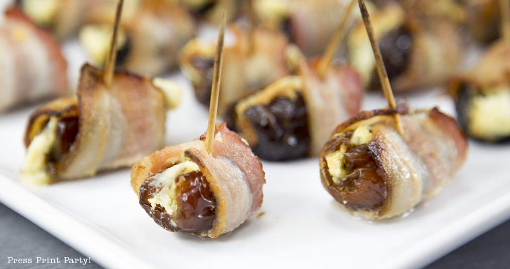 Bacon wrapped dates and prunes stuffed with Boursin - By Press Print Party!