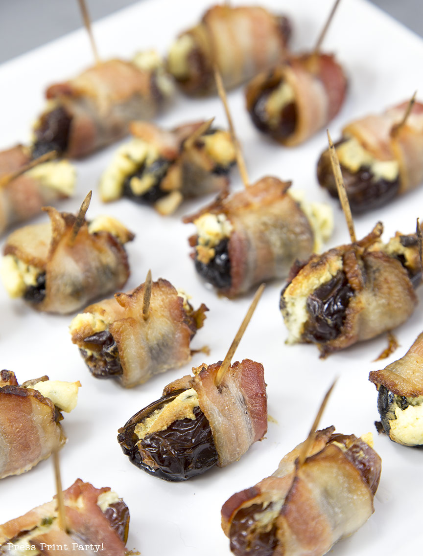 Bacon wrapped dates and prunes stuffed with Boursin - By Press Print Party!