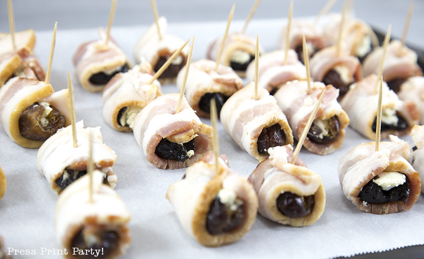 Bacon wrapped dates and prunes stuffed with Boursin - By Press Print Party!