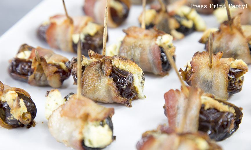 Bacon wrapped dates and prunes stuffed with Boursin - By Press Print Party!