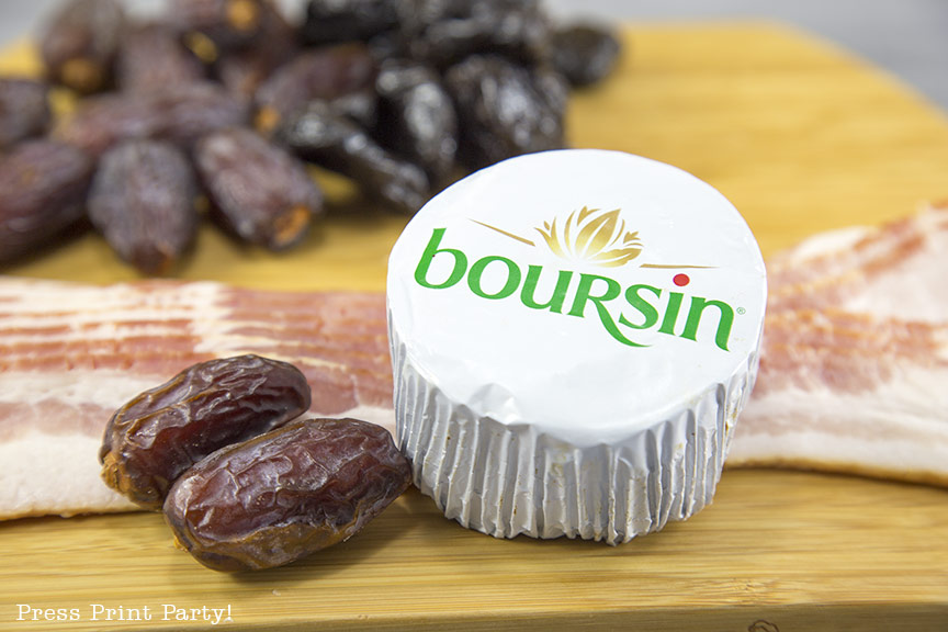 Bacon wrapped dates and prunes stuffed with Boursin - By Press Print Party!