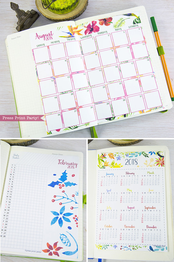 2018 calendar set bullet journals printable watercolor press print