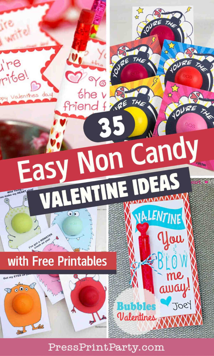A collage image displays colorful, non-candy Valentineβs Day cards for kidsβfeaturing bubble wands, toys, and funny monster cardsβwith the text β35 Easy Non Candy Valentine Ideas with Free Printables.β Perfect for unique non candy valentine ideas!.