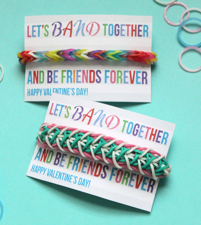 35 Easy No-Candy Valentines with Free Printables by Category - Curated by Press Print Party! rainbow loom bracelet with printable card for girls