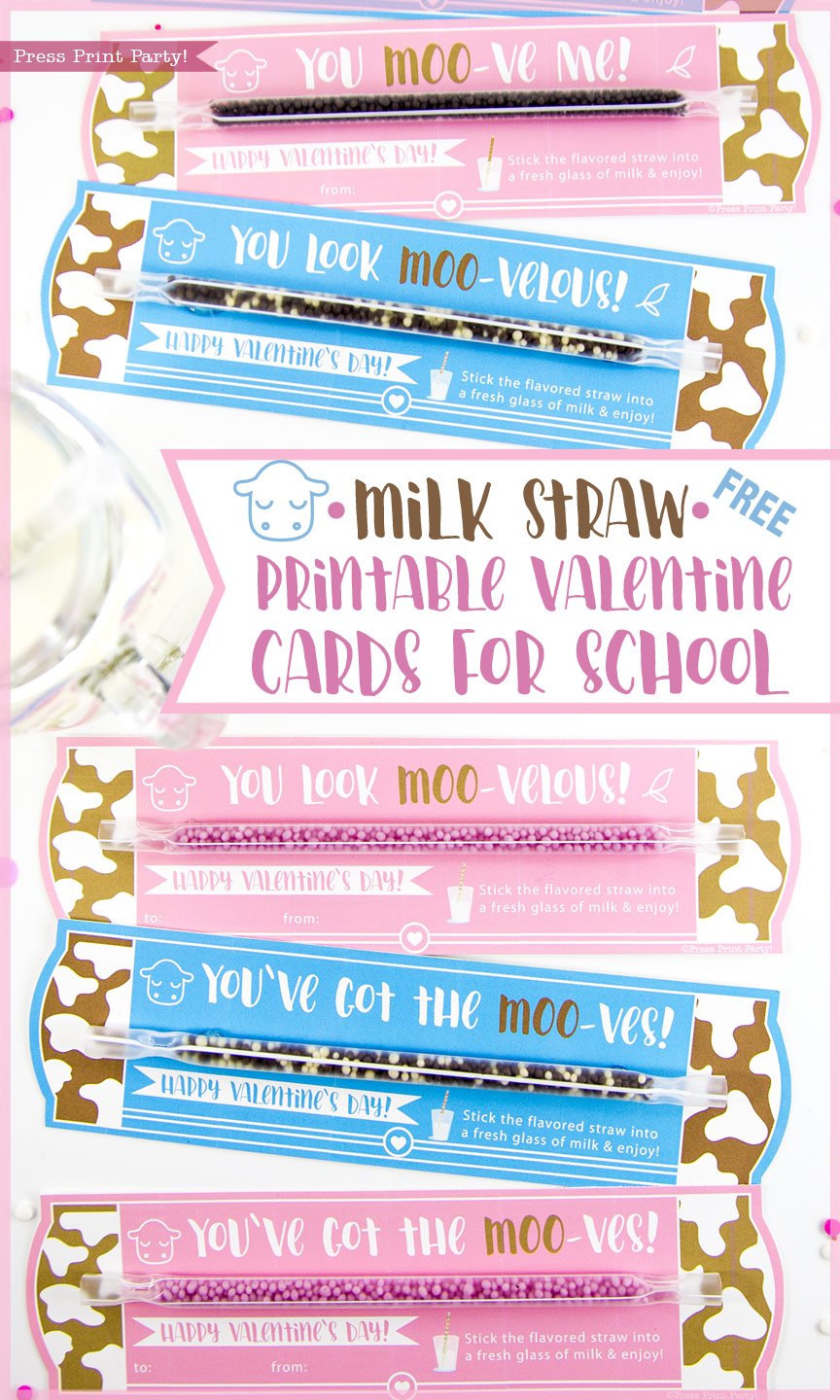 Free Printable Valentine Cards, Milk Straw - School Valentine Ideas - By Press Print Party!