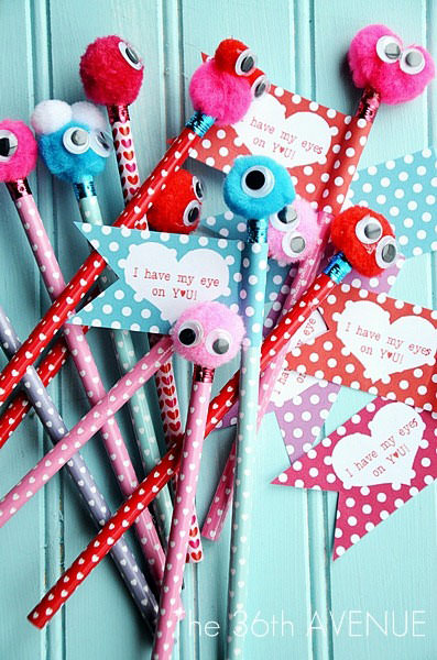 35 Easy No-Candy Valentines with Free Printables by Category - Curated by Press Print Party! - monster pencils with valentines printable tags flags