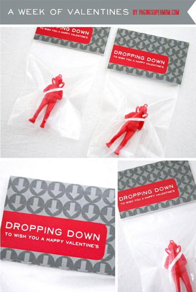 35 Easy No-Candy Valentines with Free Printables by Category - Curated by Press Print Party! parachute man valentine for boys dropping down