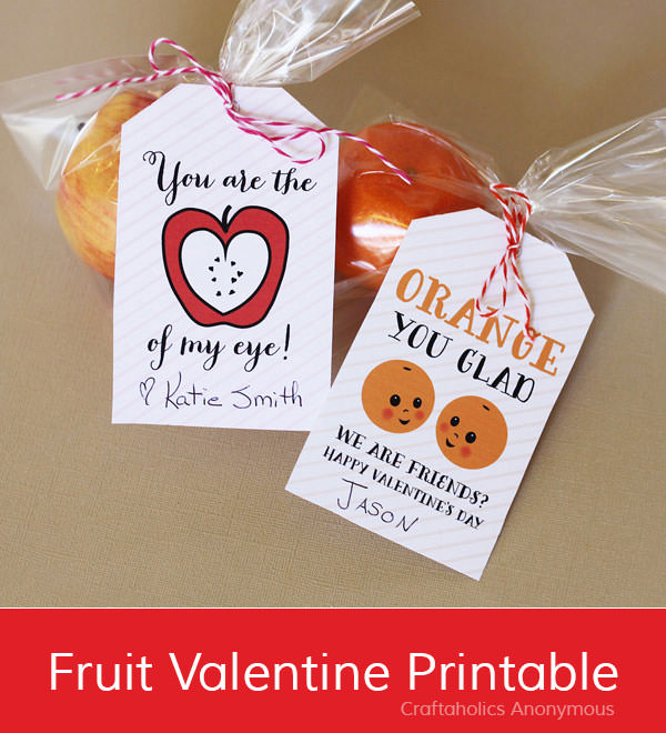 35 Easy No-Candy Valentines with Free Printables by Category - Curated by Press Print Party! fruit valentines labels. orange cuties and apple healthy treat for school