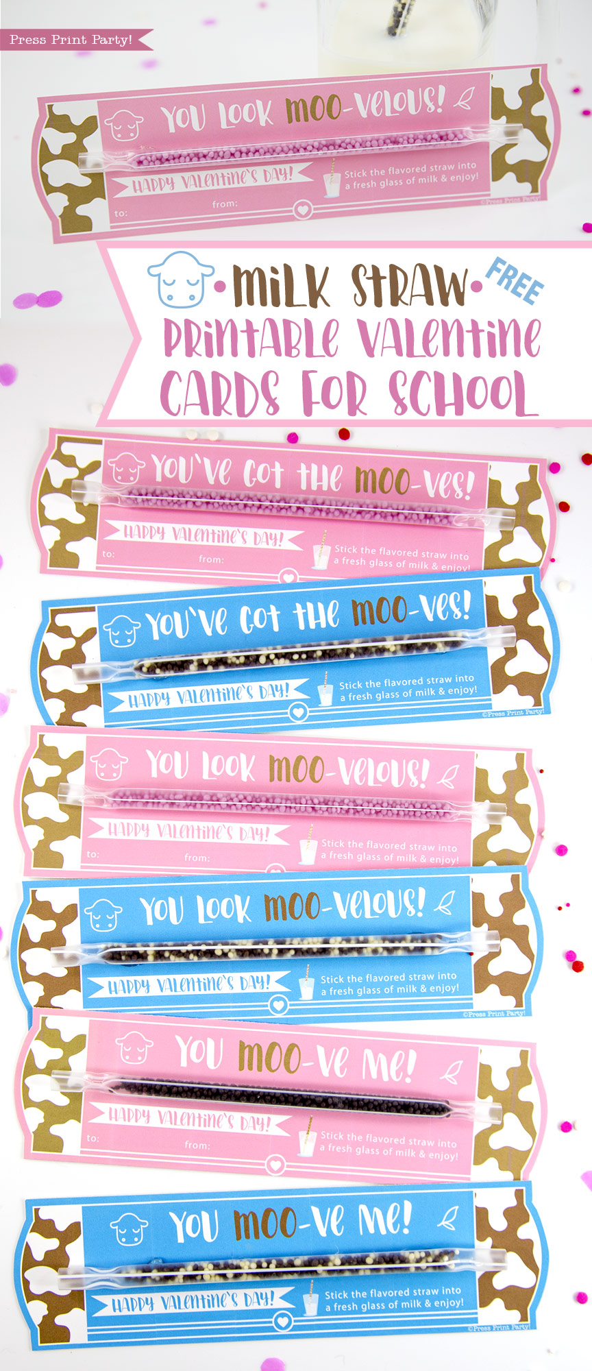 Free Printable Valentine Cards, Milk Straw - School Valentine Ideas - By Press Print Party!