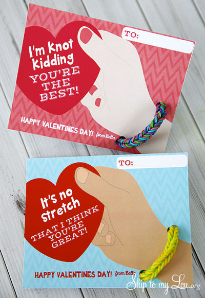 35 Easy No-Candy Valentines with Free Printables by Category - Curated by Press Print Party! homemade craft rubber band bracelets cards for valentine handouts at school- rainbow loom