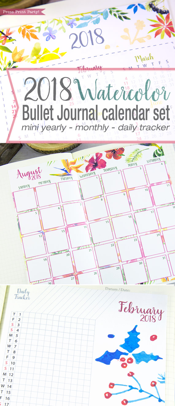 2018 calendar set bullet journals printable watercolor press print
