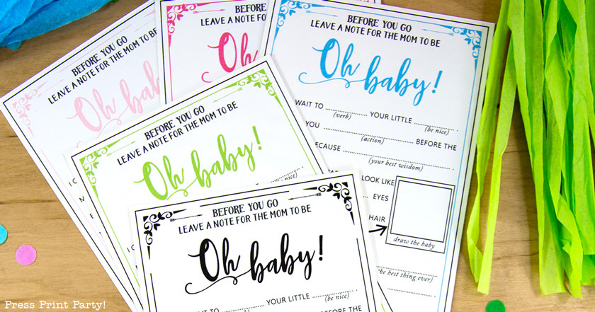 Hilarious baby shower mad-libs advice cards and virtual baby shower - by Press Print Party! in 5 colors