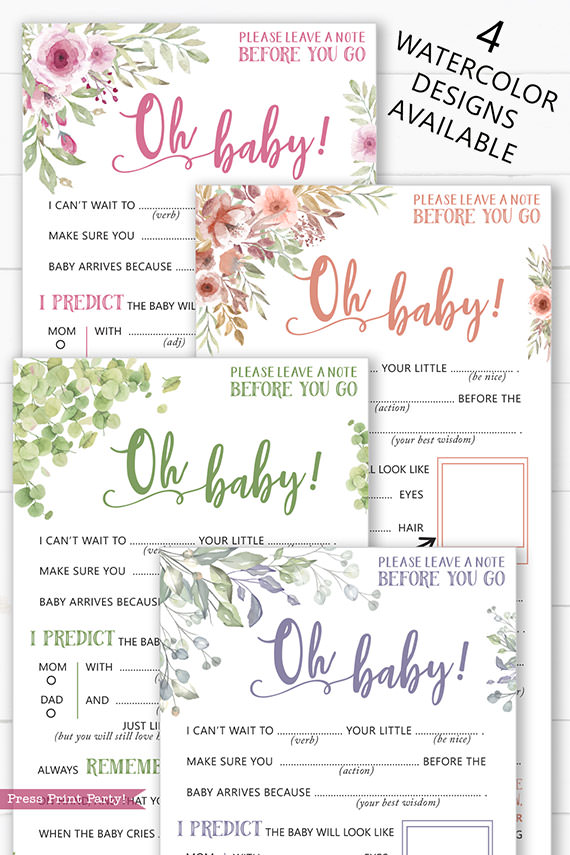 baby shower mad libs game in 4 watercolor designs hilarious game fun for all - pink flowers, peach florals, eucalyptus, purple flowers - Press Print Party