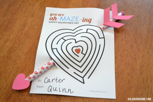 35 Easy No-Candy Valentines with Free Printables by Category - Curated by Press Print Party! - pencil maze printable for classroom valentine