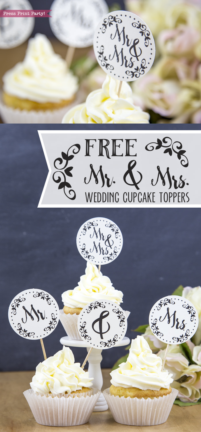 Free Mr. and Mrs. wedding cupcake toppers - Press Print Party!