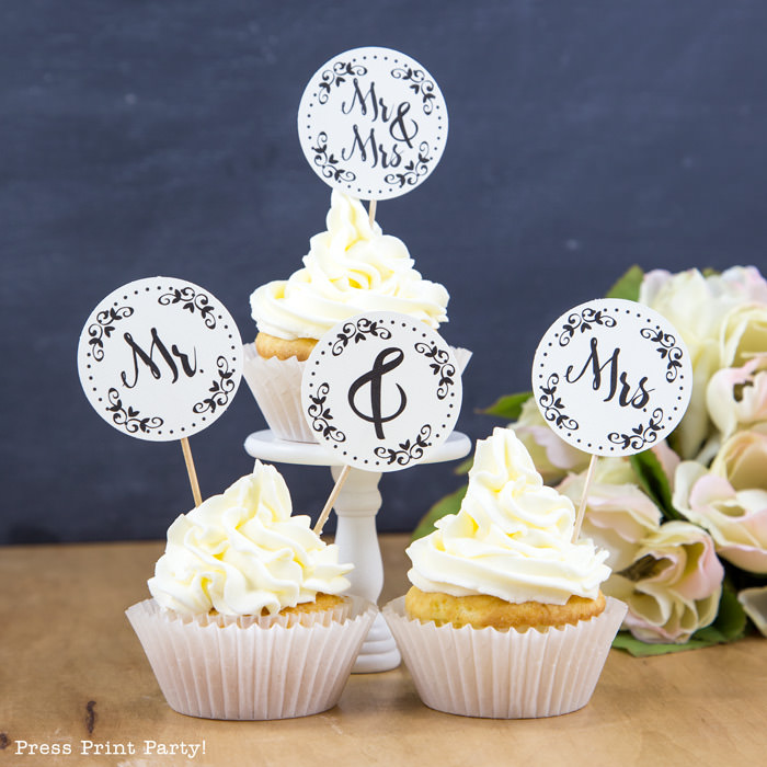 Free Mr. and Mrs. wedding cupcake toppers - Press Print Party!