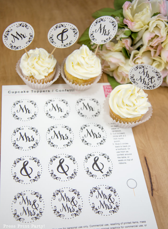 Free Mr. and Mrs. wedding cupcake toppers - Press Print Party!