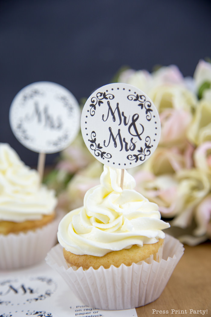 Free Mr. and Mrs. wedding cupcake toppers - Press Print Party!