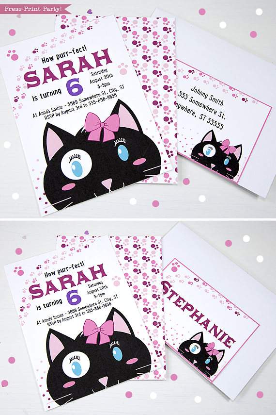 Cat Themed Party Invitations, Girl Black & White - Image 3