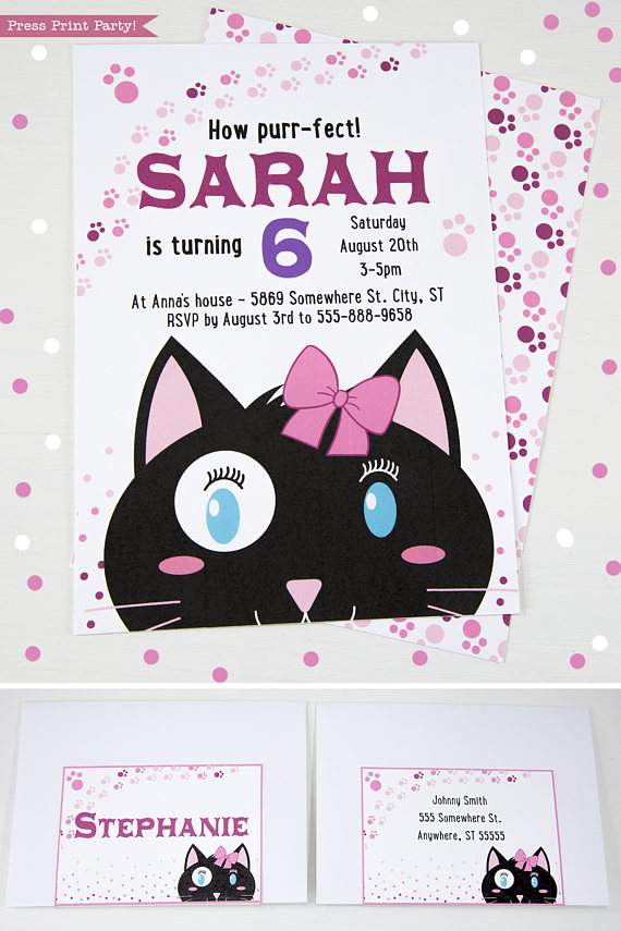 Cat Themed Party Invitations, Girl Black & White - Image 2
