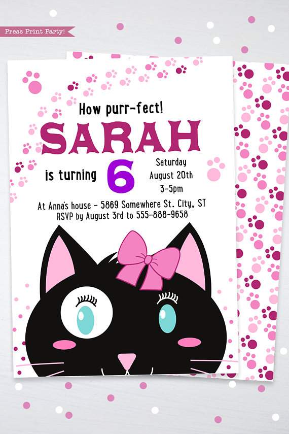 Cat Themed Party Invitations, Girl Black & White