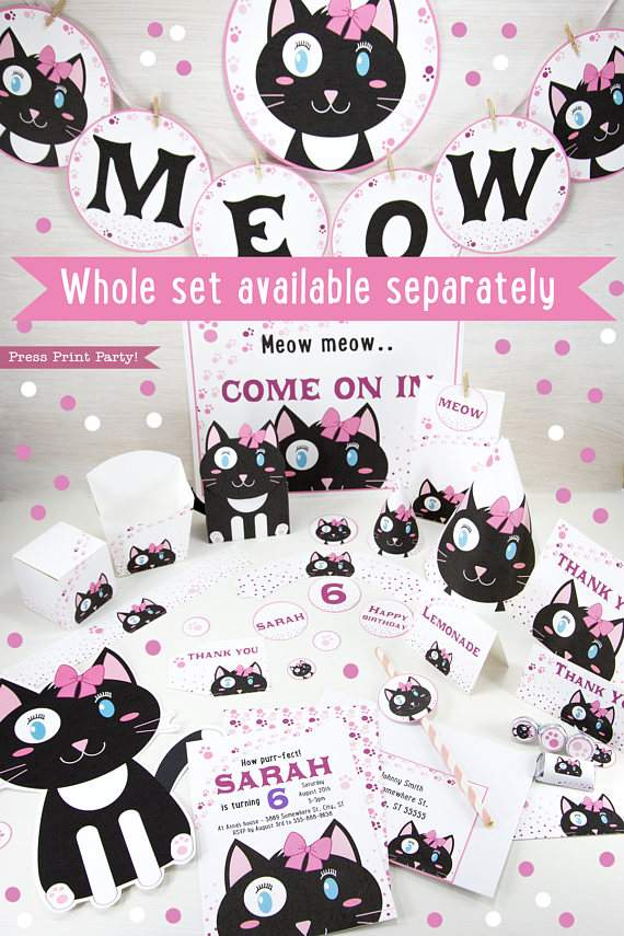 Cat Themed Party Invitations, Girl Black & White - Image 4