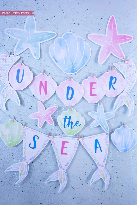 Mermaid Banner Printable, Watercolor