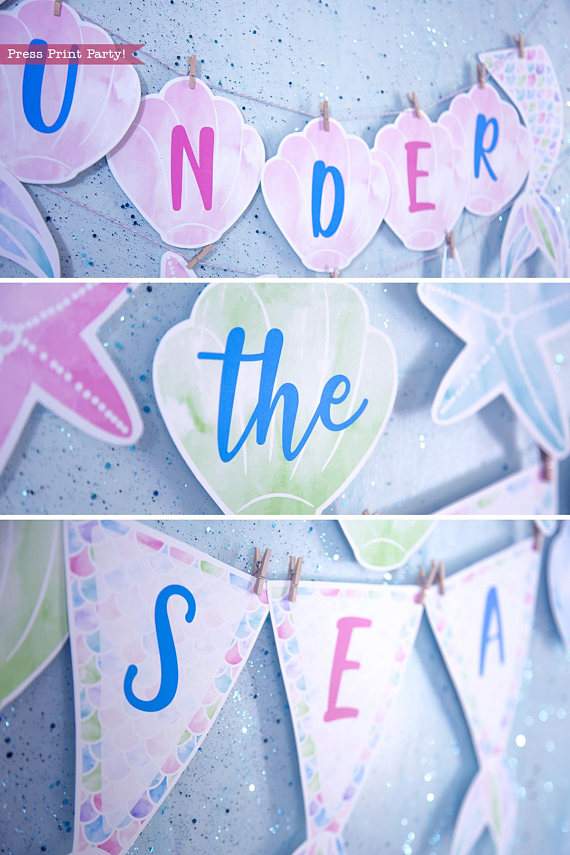 Mermaid Banner Printable, Watercolor - Image 3