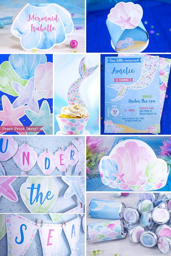 Mermaid Birthday Party Printable Set, Watercolor
