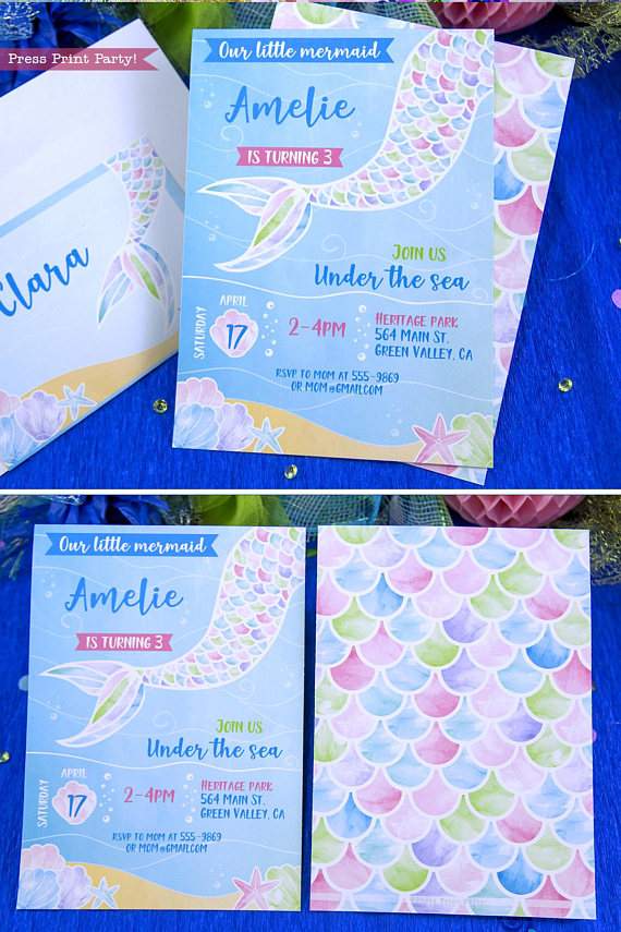 Mermaid Birthday Party Printable Set, Watercolor - Image 2
