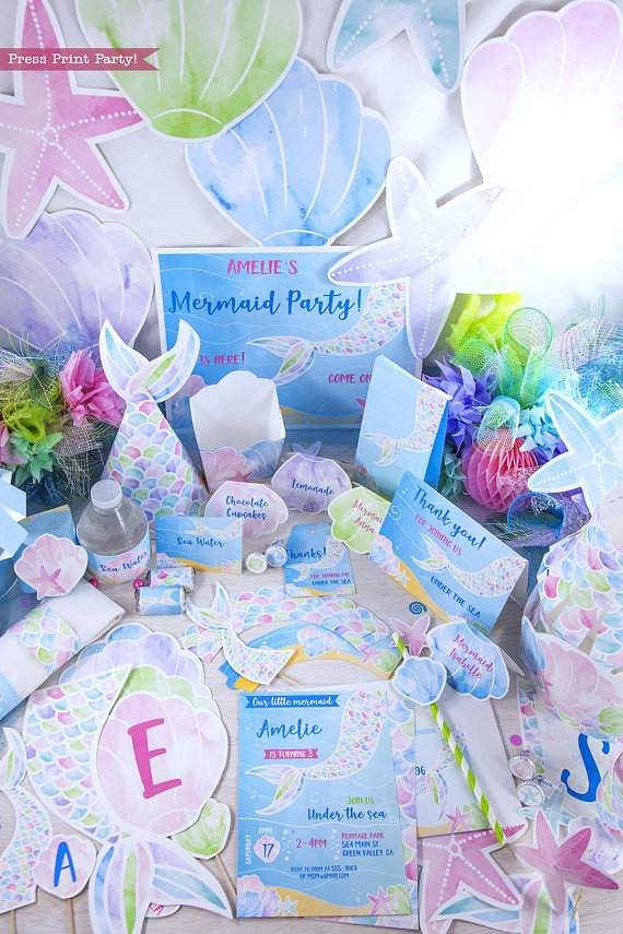 Mermaid Birthday Party Printable Set, Watercolor - Image 4