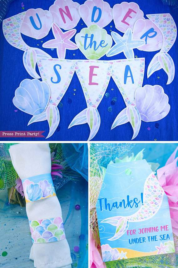 Mermaid Birthday Party Printable Set, Watercolor - Image 7