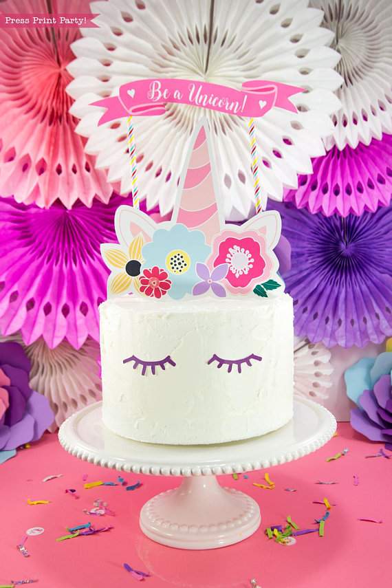 Unicorn Cake Topper Printable With Flowers (Unicorn Party)- Press Print