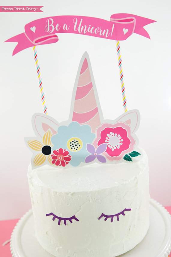 Unicorn Cake Topper Printable With Flowers (Unicorn Party)- Press Print