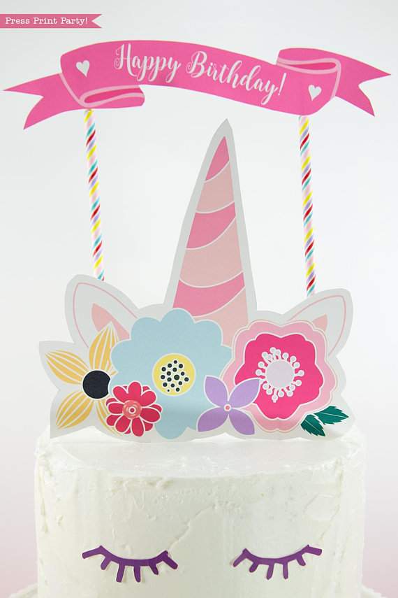 Unicorn Cake Topper Printable With Flowers (Unicorn Party)- Press Print