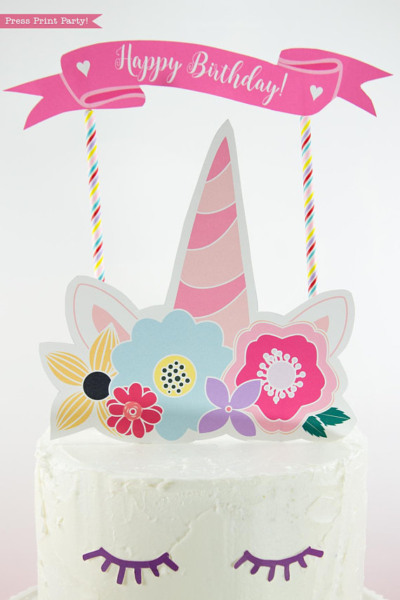 Unicorn Cake Topper Printable With Flowers (Unicorn Party) Press Print
