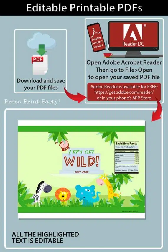 Jungle Safari Theme Birthday Chip Bag Printable Template, Editable, Safari Chip Bag, Jungle Birthday, Let's get Wild, INSTANT DOWNLOAD press print party