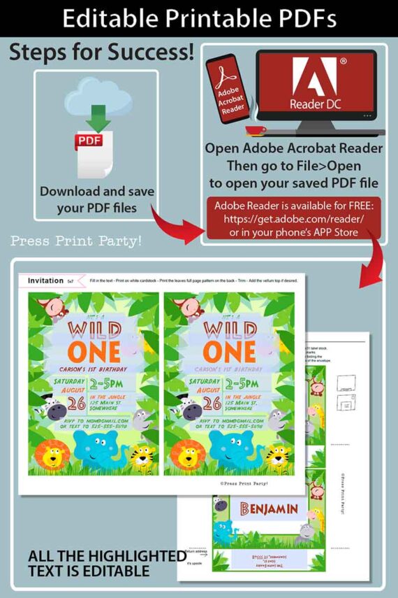 Wild ONE Birthday Invitation Printable, First Birthday Invitation, Safari Theme, Jungle Party, Wild One Invitation, INSTANT DOWNLOAD press print party