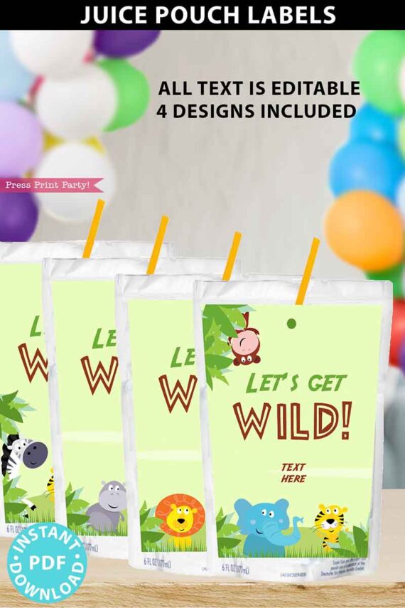 Jungle Safari Theme Birthday Decorations, juice pouch labels, Let's Get Wild, Safari Birthday Printables, Jungle Birthday, For Boys and girls, INSTANT DOWNLOAD press print party