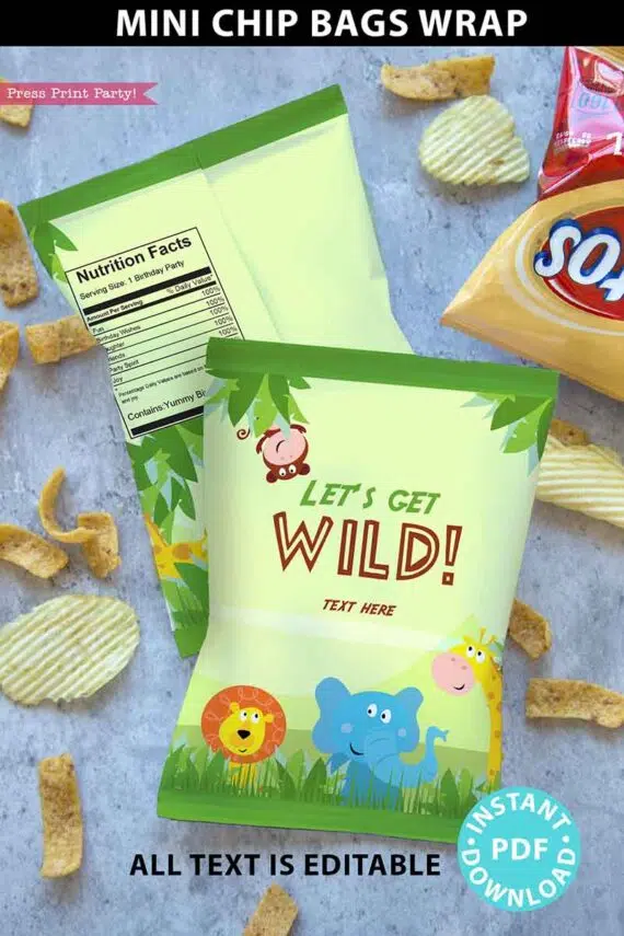 Jungle Safari Theme Birthday Chip Bag Printable Template, Editable, Safari Chip Bag, Jungle Birthday, Let's get Wild, INSTANT DOWNLOAD press print party